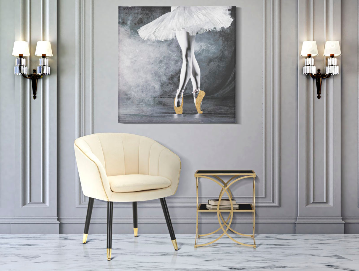 POLTRONA PARIS IN TESSUTO IMBOTTITO CON RIFINITURE DORATE E GAMBE IN LEGNO NERO CM 62X58X78