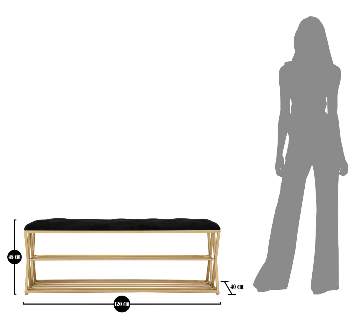 Panca elegante per scarpe in metallo dorato cm 120x40x45