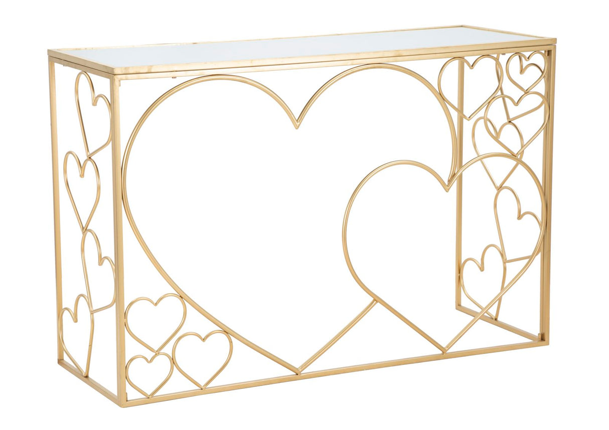 Consolle Heart cuori in metallo dorata con piano a specchio cm 120x43x80