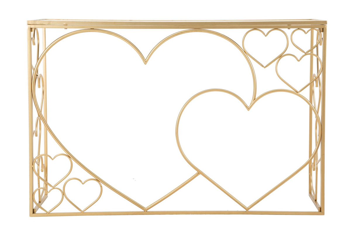Consolle Heart cuori in metallo dorata con piano a specchio cm 120x43x80