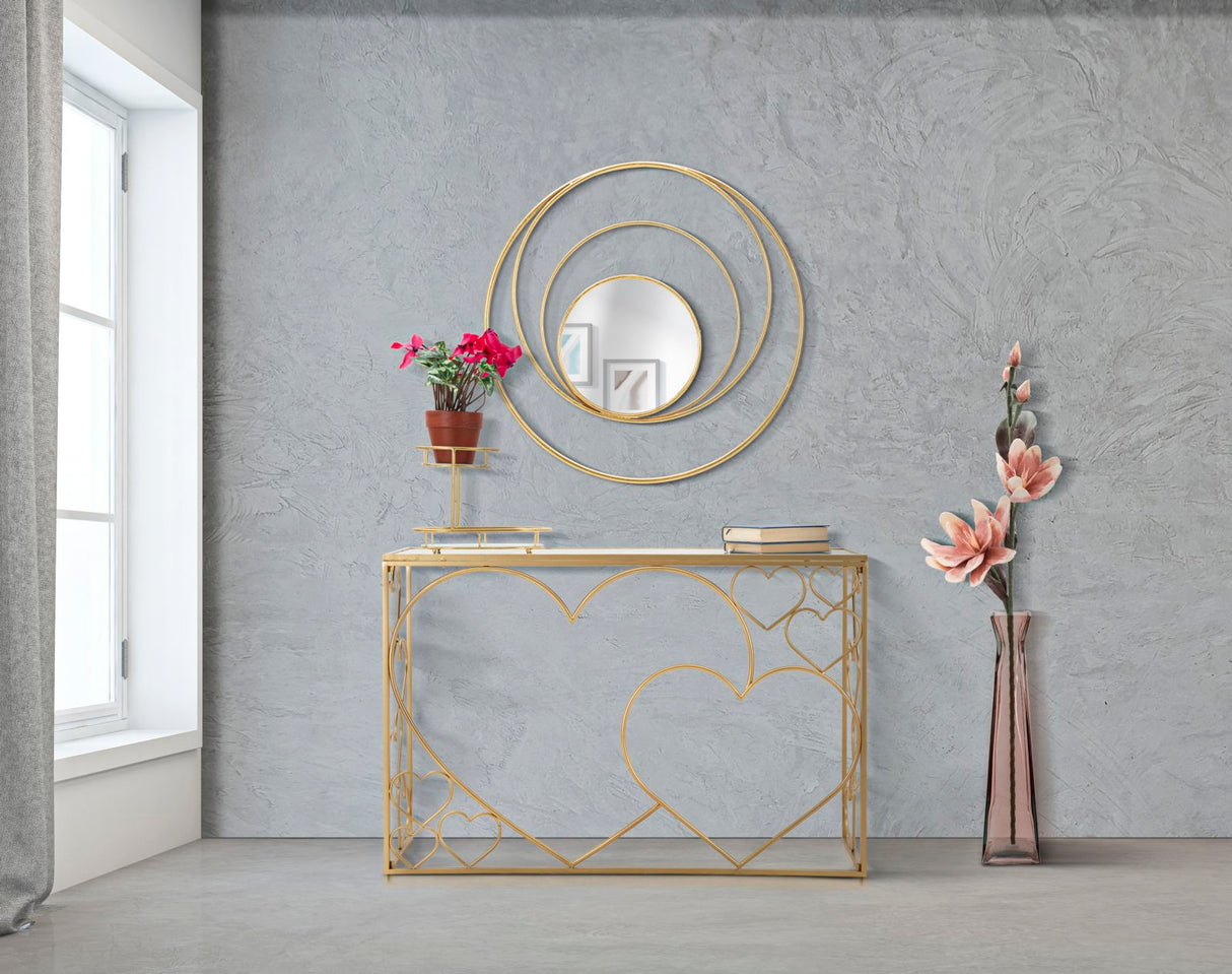 Consolle Heart cuori in metallo dorata con piano a specchio cm 120x43x80