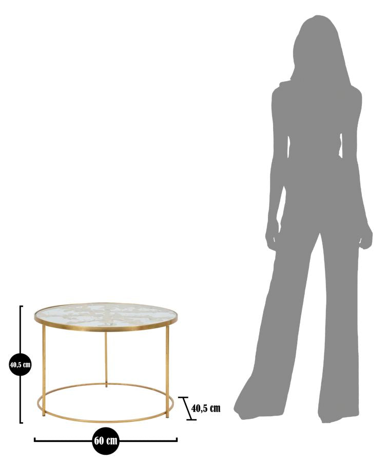 Tavolo da caffè rotondo in metallo dorato con piano in vetro.