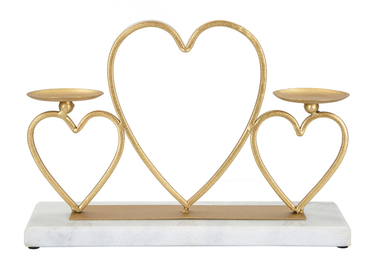 Portacandele Hearts  in metallo dorato con base in marmo bianco