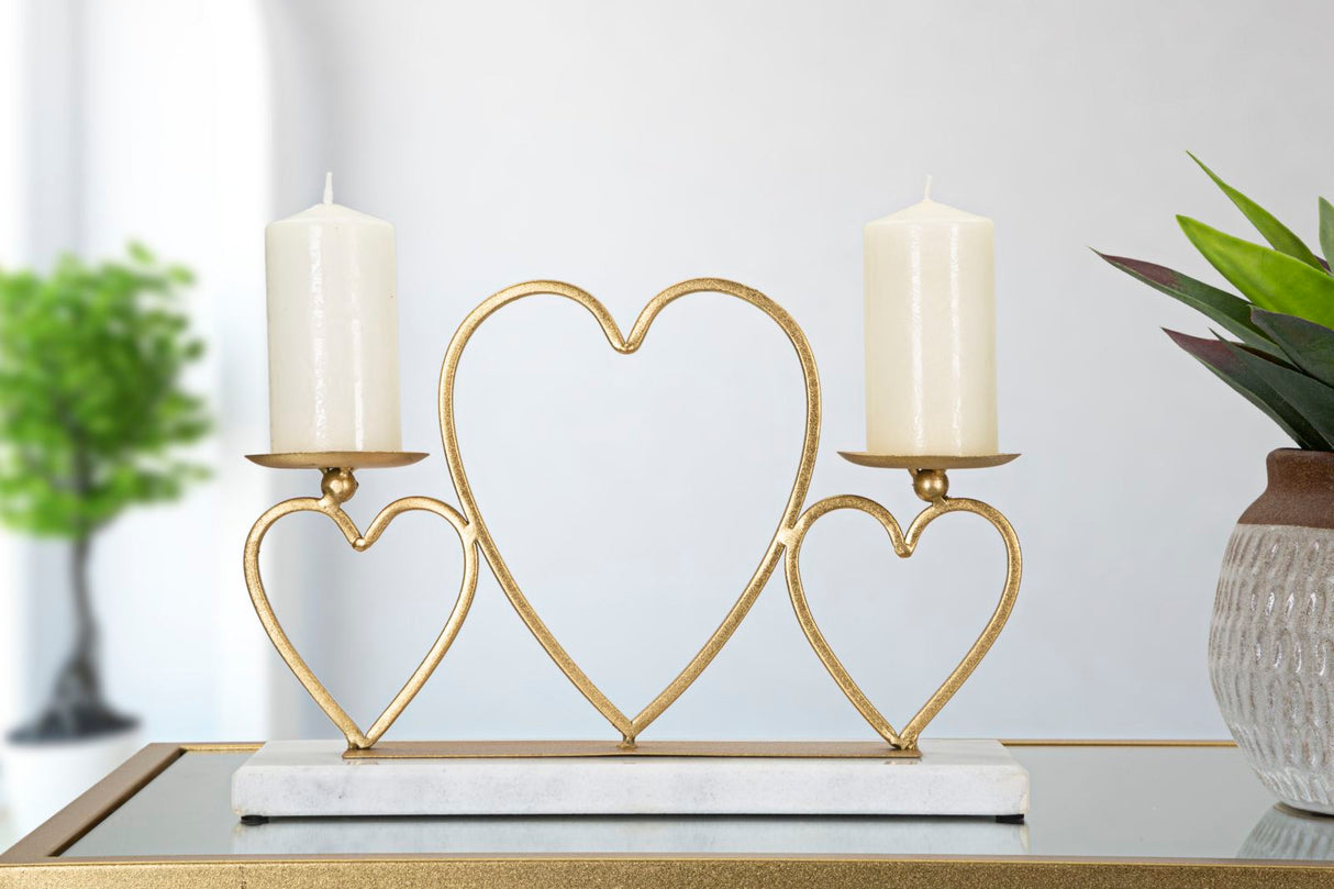 Portacandele Hearts  in metallo dorato con base in marmo bianco