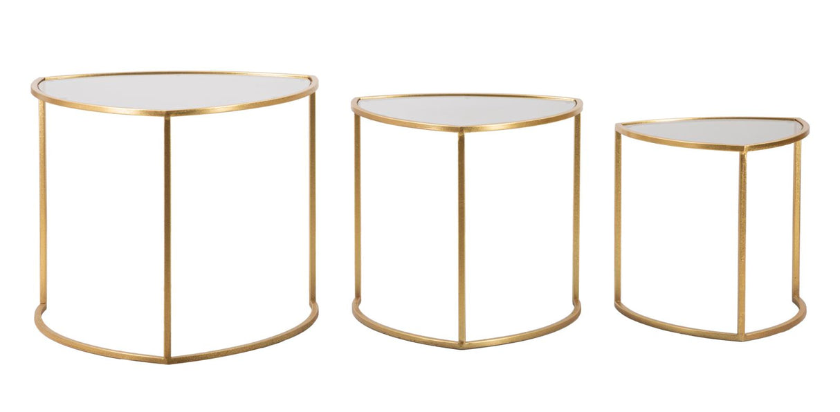 Set di tre tavolinetti triangolari  metallo dorato