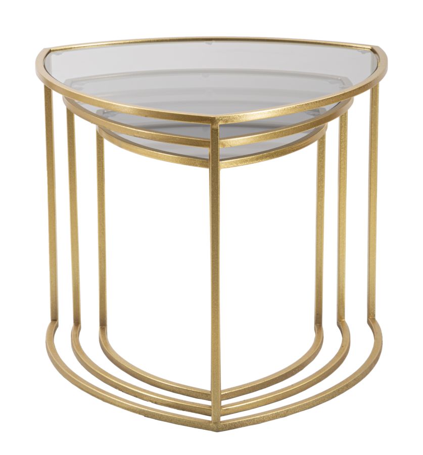 Set di tre tavolinetti triangolari  metallo dorato