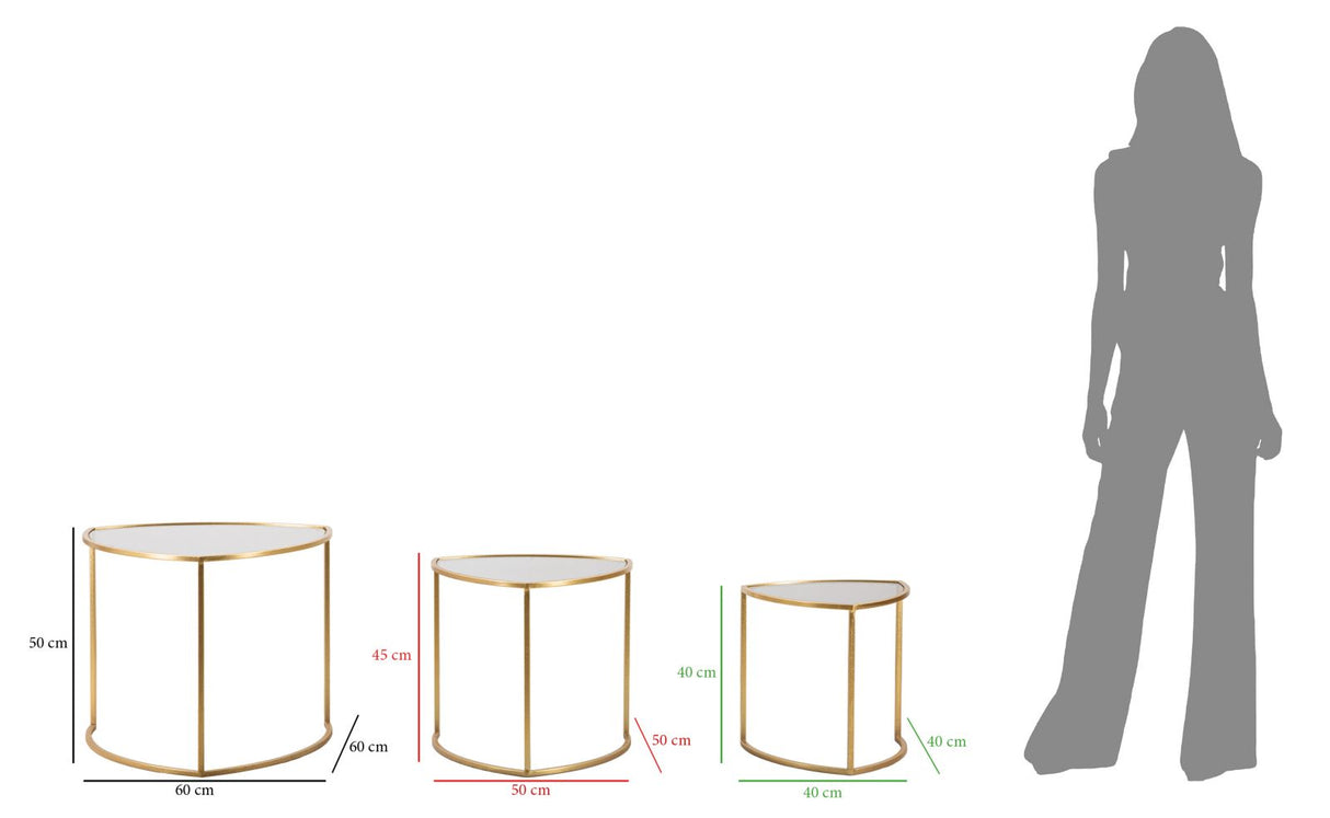 Set di tre tavolinetti triangolari  metallo dorato