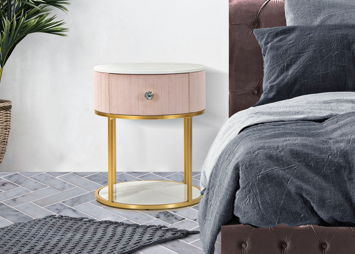 Comodino rosa imbottito 1 cassetto con struttura dorata ø42x48 cm