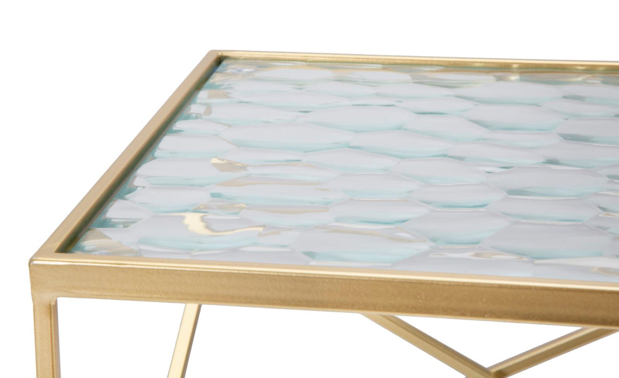 Set di 2 tavolini in metallo dorati e vetro cm 31,5x31,5x68-28x28x64