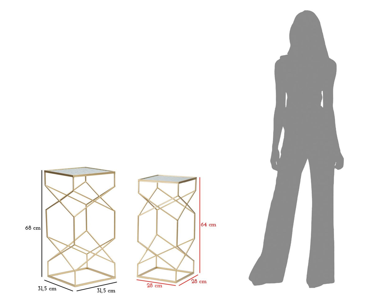 Set di 2 tavolini in metallo dorati e vetro cm 31,5x31,5x68-28x28x64