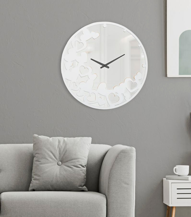 Orologio Bianco Heart Ø55x4 cm in Ferro MDF e Specchio Bianco