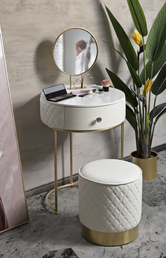 Comodino/Toeletta Sharon con cassetto e pouf cm Ø 52x70 - Ø 36x39