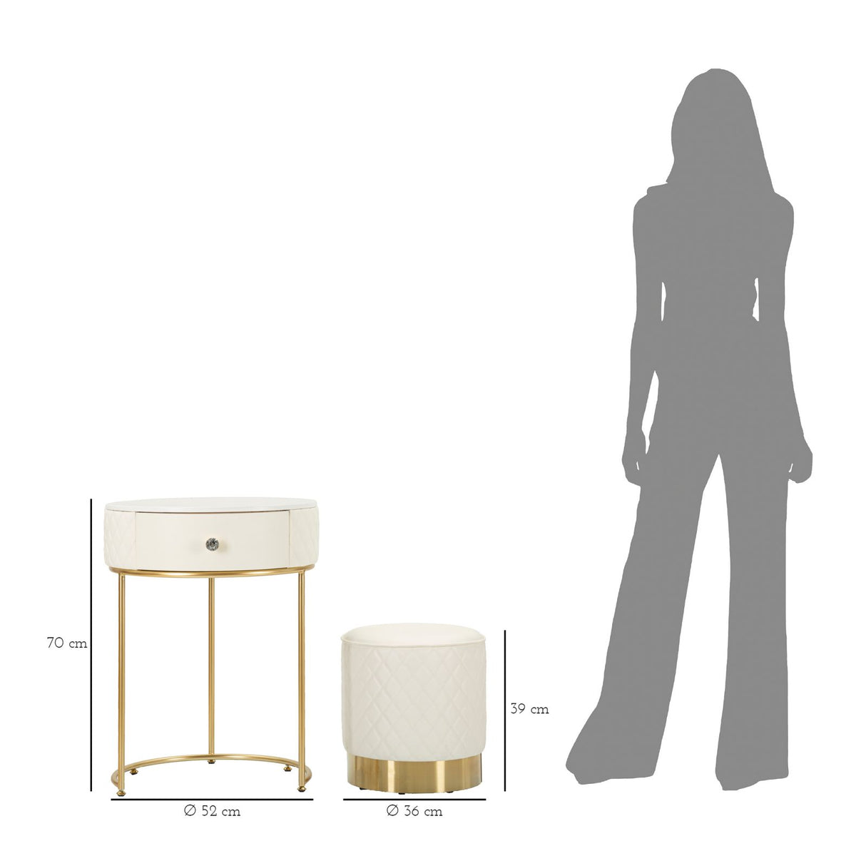 Comodino/Toeletta Sharon con cassetto e pouf cm Ø 52x70 - Ø 36x39