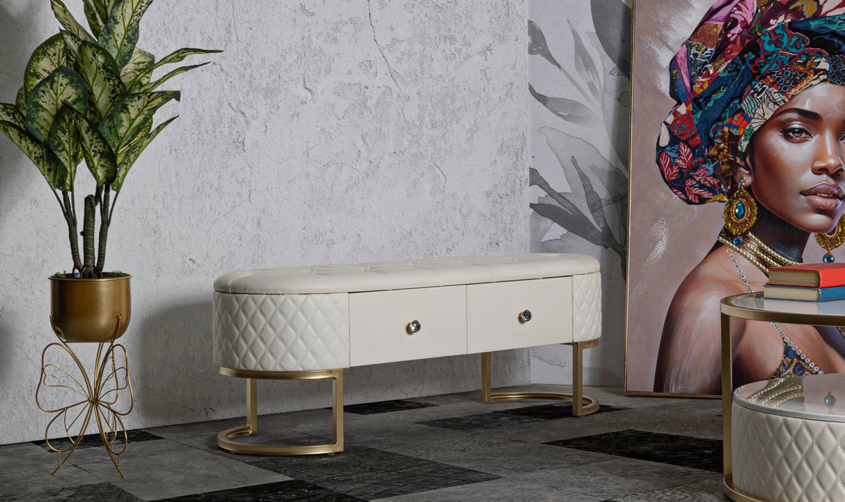 Panca Sharon con Cassetti con gambe argentate rivestita in morbido velluto