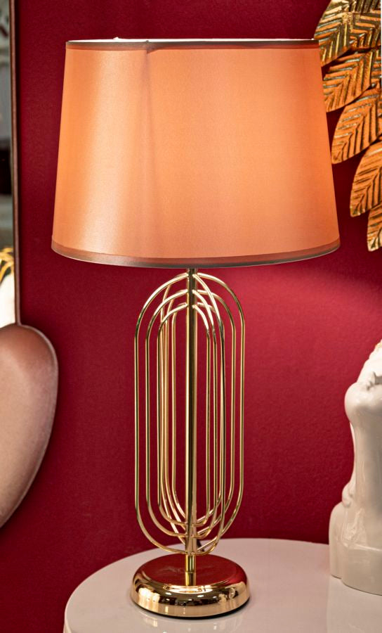 Lampada Krista da tavolo in metallo dorata con paralume rosa