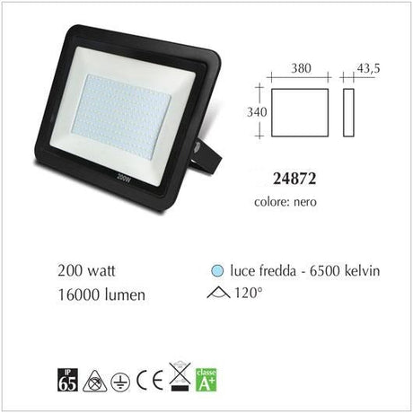 Proiettore Led IP65 Faro Led luce fredda 6500K nero 200watt