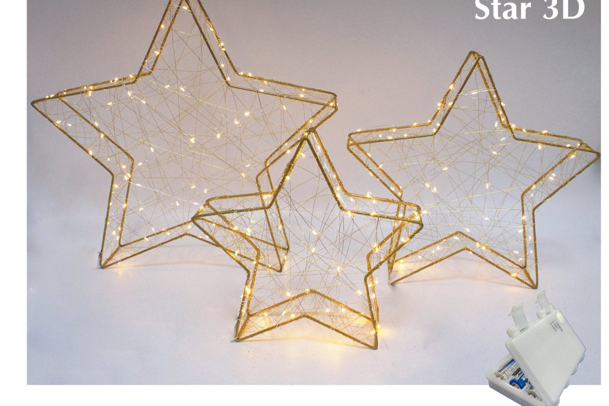 Set 3 stelle luminose 3D Led Bianco Caldo