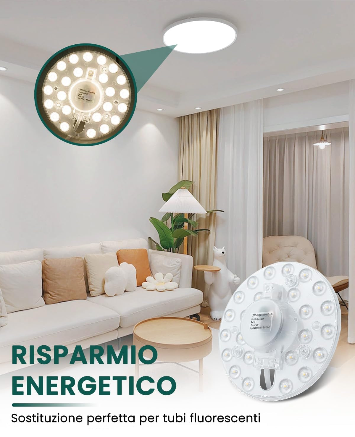 Modulo a Led tondo 12Watt con calamite per la sostituzione e conversione delle plafoniere con Neon circolare, alogene e con tradizionali portalampada, trasforma la vostra plafoniera in una a LED senza opere murarie.