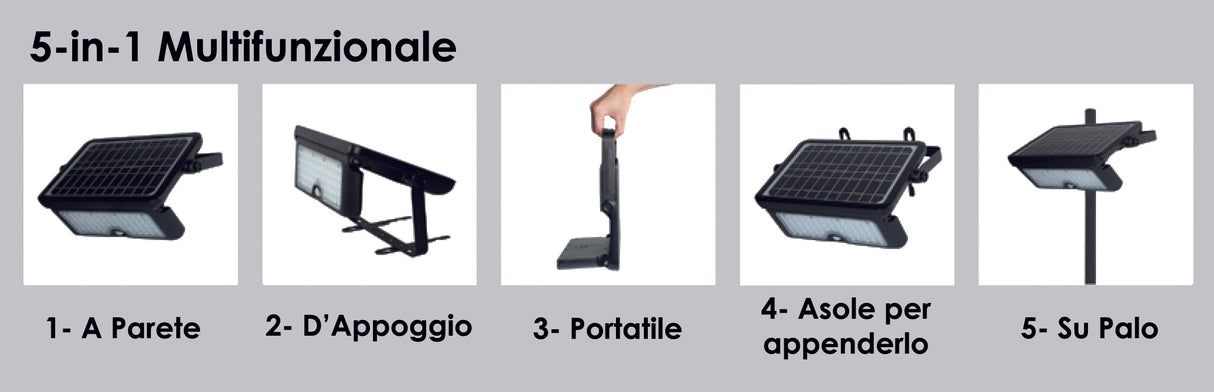 Faretto/Proiettore ad Energia Solare Led 10W - 1150Lumen 5-in-1 Multifunzionale