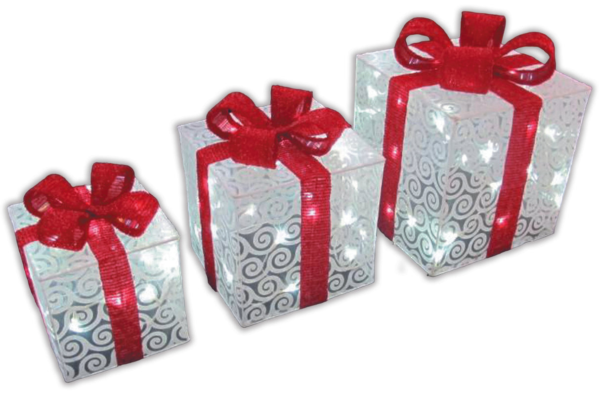 Set 3 pacchi regalo con luci a Led bianco freddo, con box batterie e Timer, ogni pacco dispone del suo box batterie