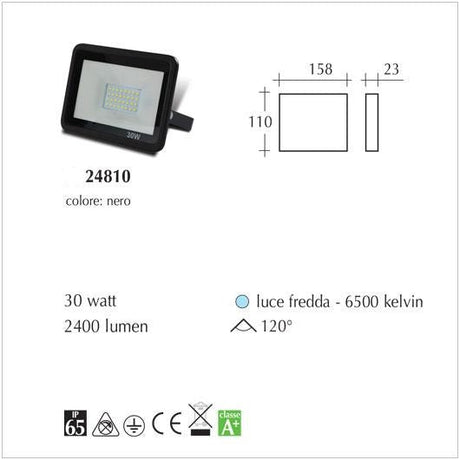 Proiettore Led IP65 Faro Led luce fredda 6500K nero 30watt