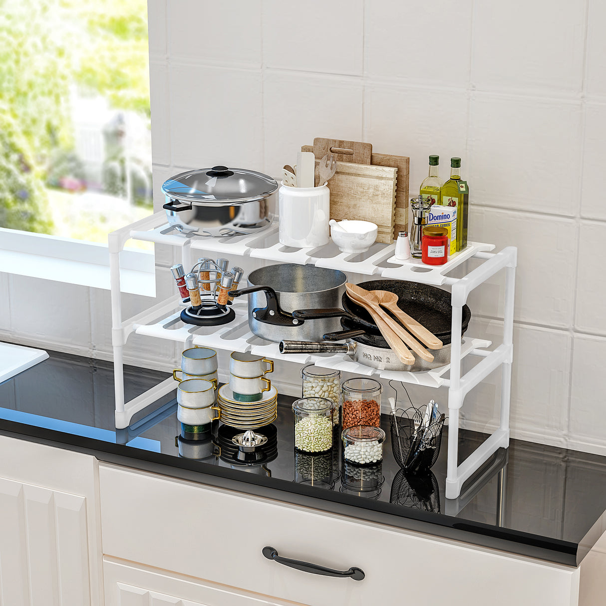 Scaffale estensibile, realizzato con tubo in metallo verniciato 2 piani Misure 52/86x30,5x44 cm