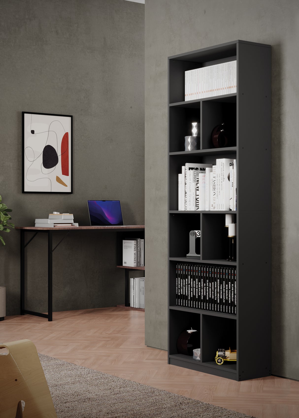 Libreria composta da 6 vani con 3 divisori, realizzata con pannello MDF rivestito melaminico Misure 60x24x180 cm