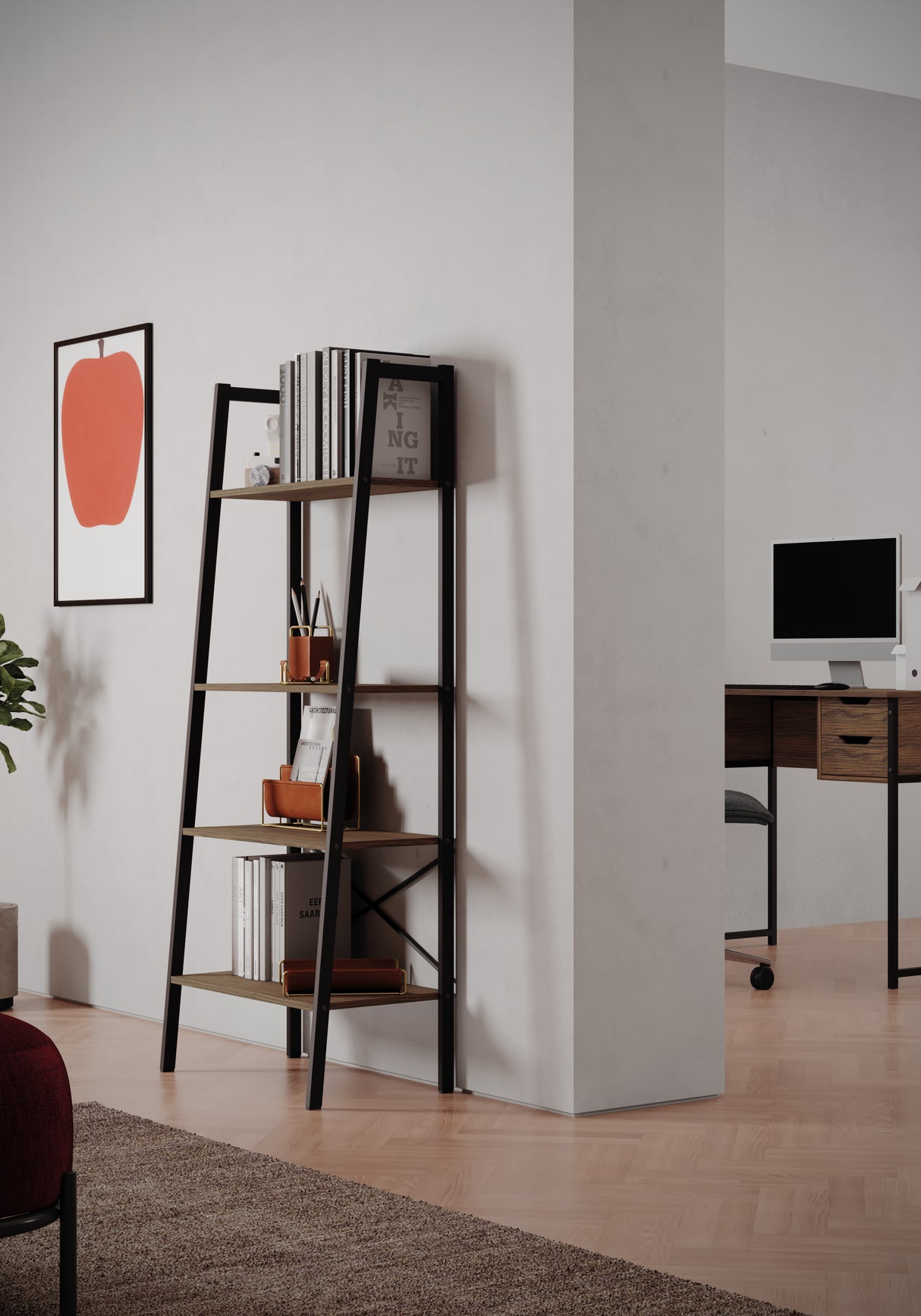 Libreria a scala 4 piani con fianchi in metallo + crociera stabilizzante Misure 60x36x148cm