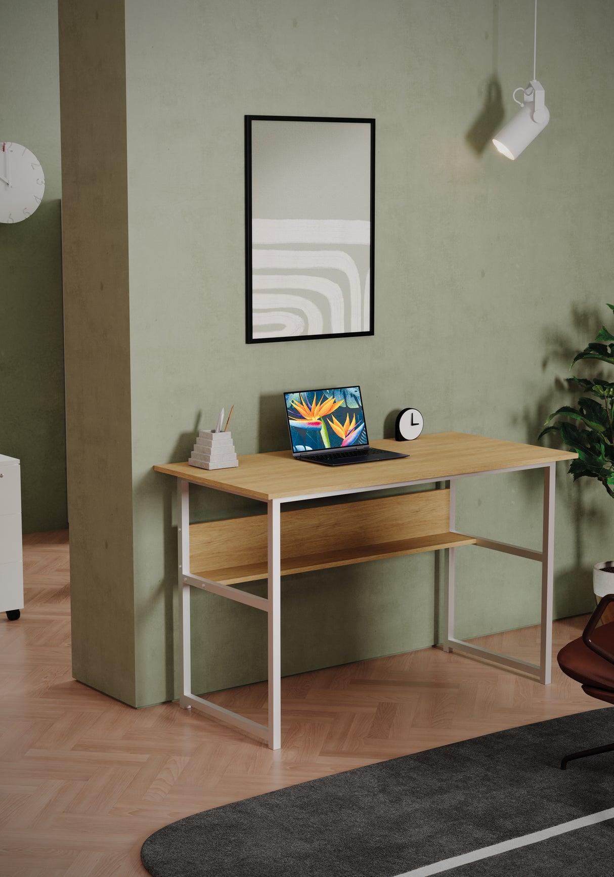 Scrivania con mensola sottopiano e con base in metallo Misure 120x60x74 cm