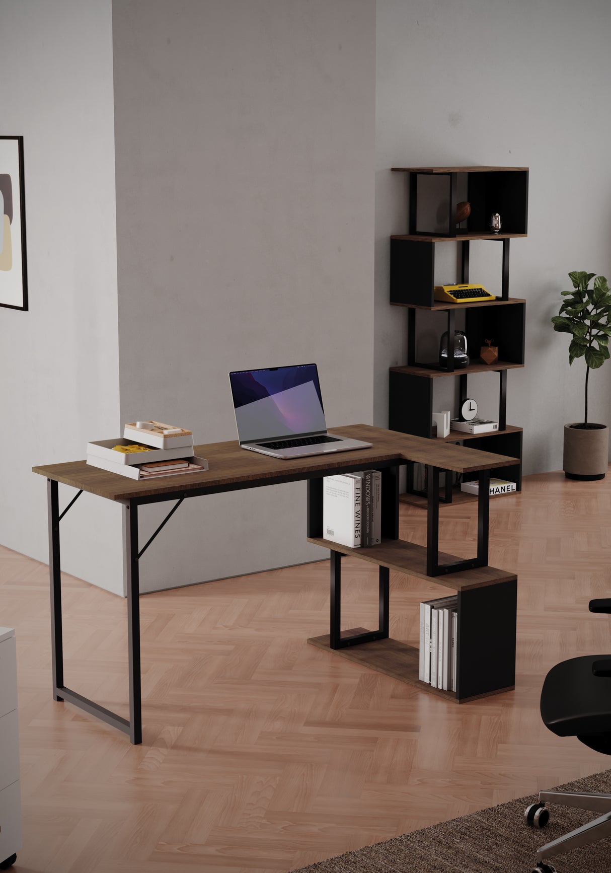 Scrivania con angolo portaoggetti, con base in metallo, colore Noce+Nero
