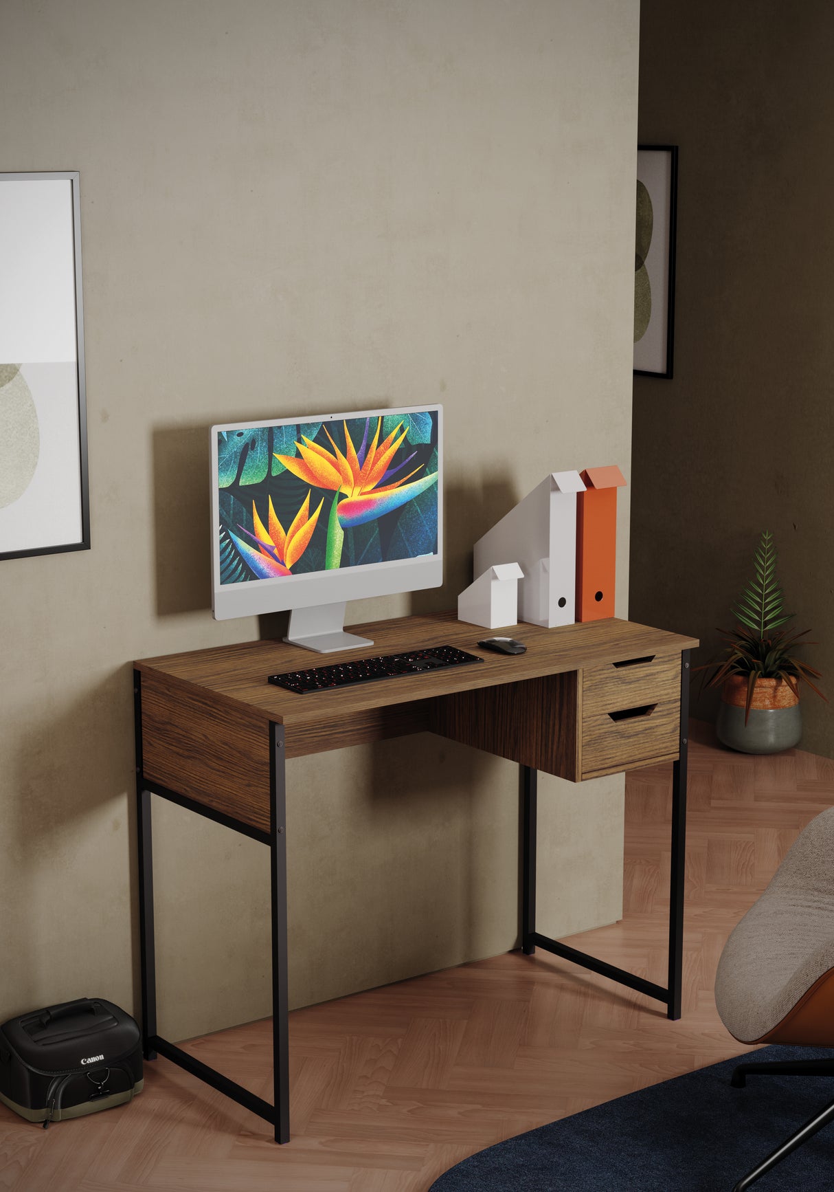 Scrivania con 2 cassetti e con base in metallo. Misure 100x50x80cm