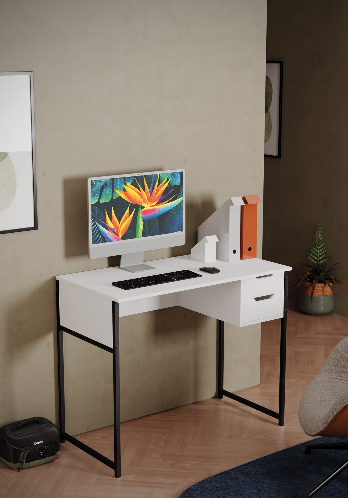 Scrivania con 2 cassetti e con base in metallo. Misure 100x50x80cm