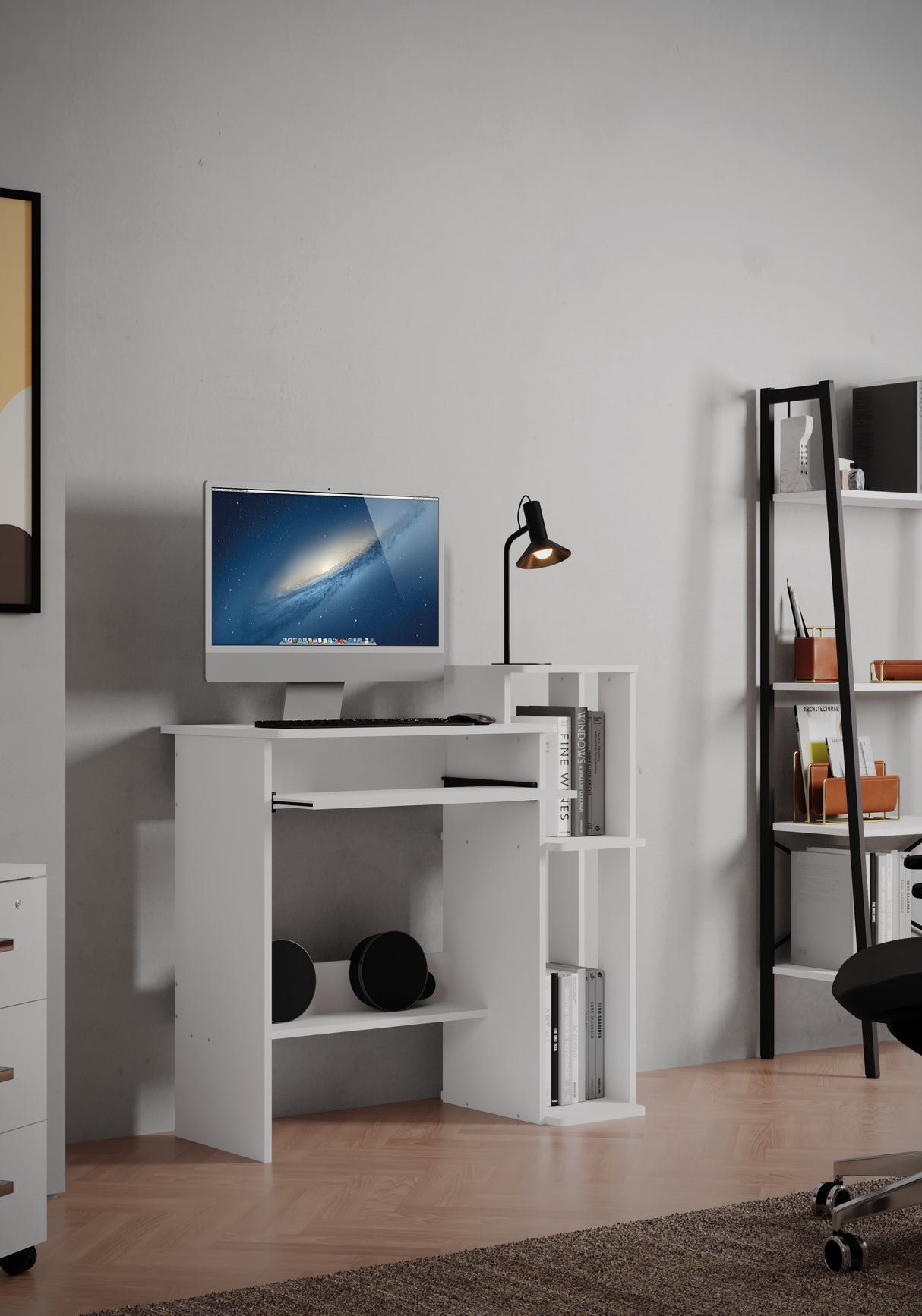 Scrivania Porta PC  con porta tastiera e mensole Misure 89,5x41,5x78/90cm