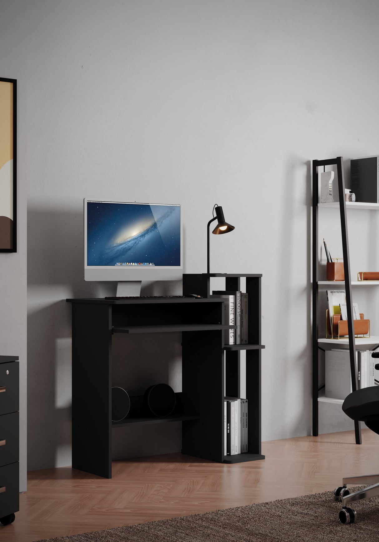 Scrivania Porta PC  con porta tastiera e mensole Misure 89,5x41,5x78/90cm