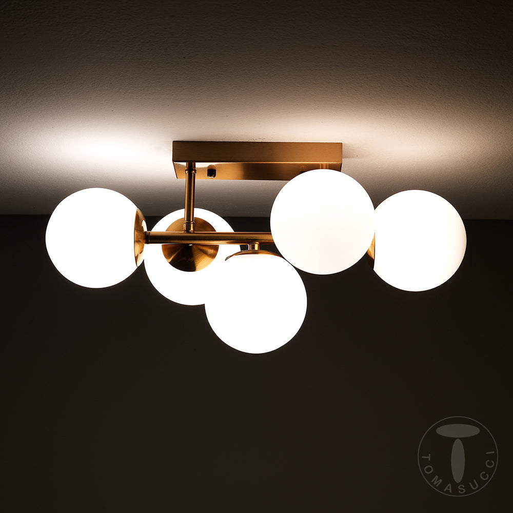 Lampadario o Applique in Ottone e vetro Bianco