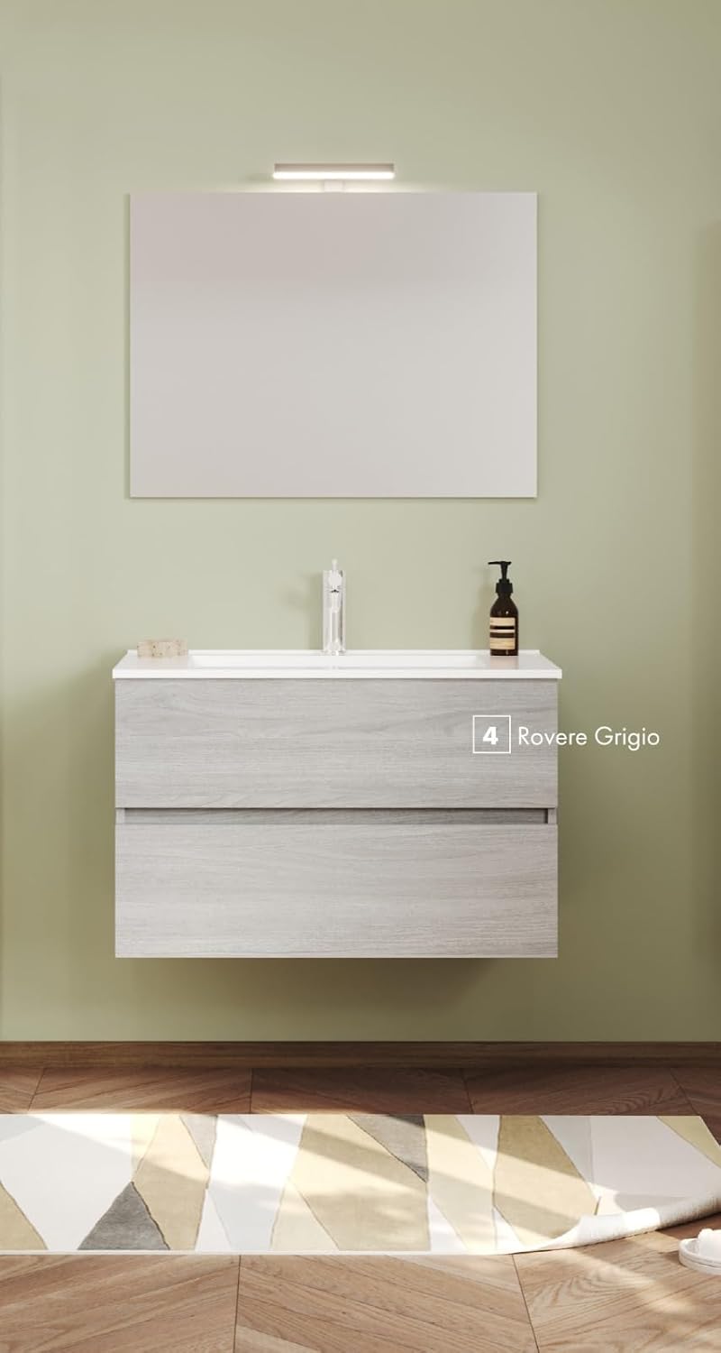 Mobile Bagno a due cassettoni, lavabo integrale e specchio con illuminazione Colore rovere grigio
