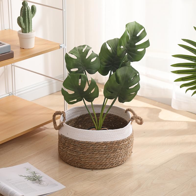 Set 3 Ceste tondi con manici realizzati in paglia Naturale e corda di Cotone intrecciata Bianco