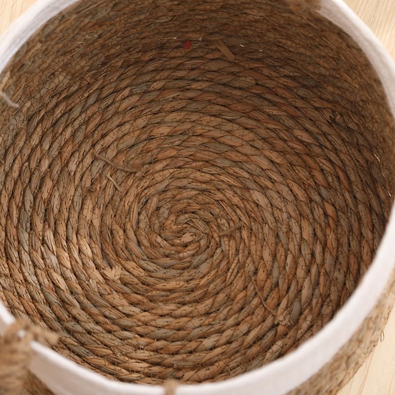 Set 3 Ceste tondi con manici realizzati in paglia Naturale e corda di Cotone intrecciata Bianco