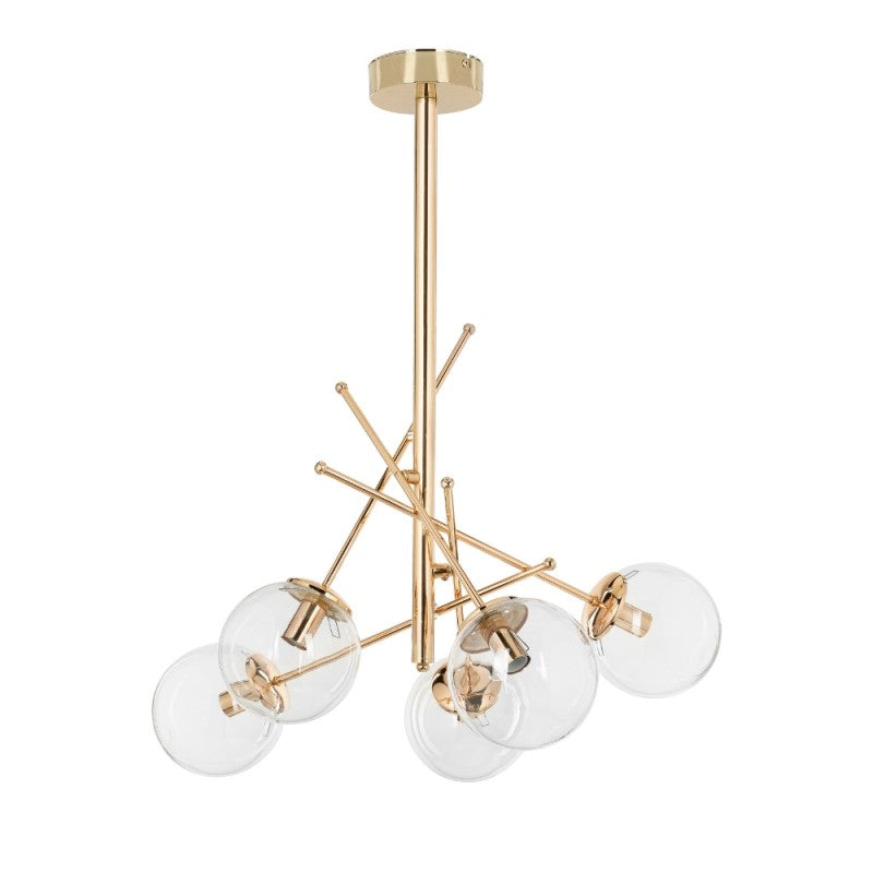 Lampada da soffitto in metallo colore oro con 5 paralumi in vetro