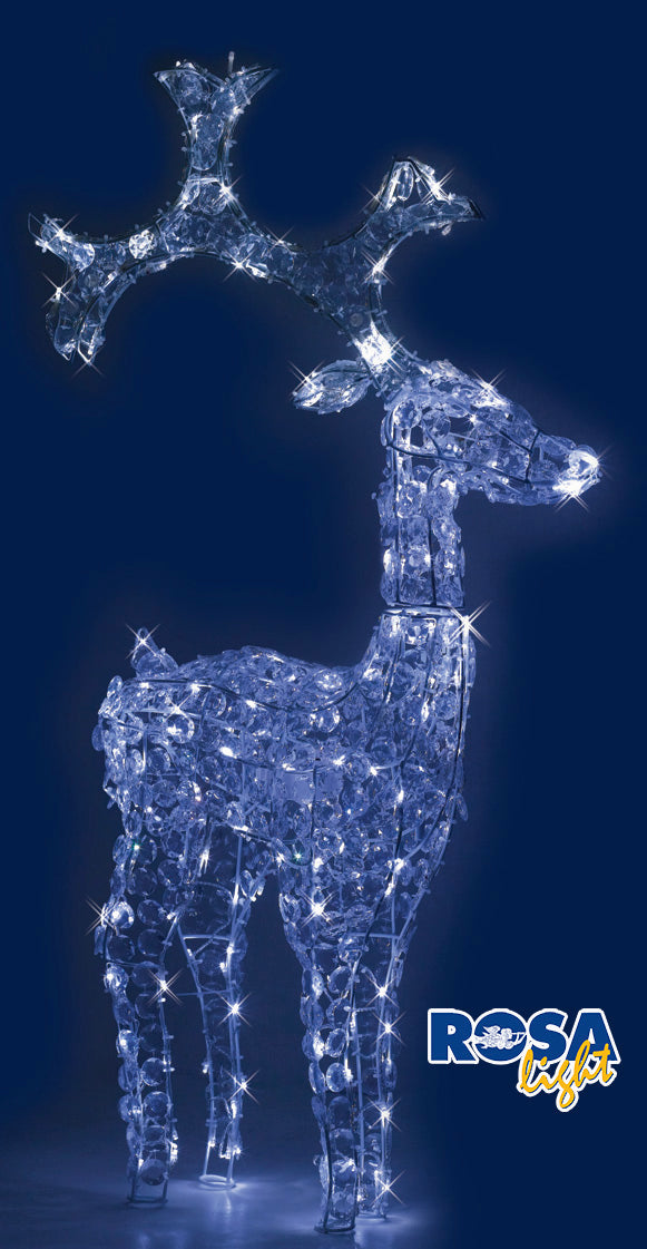 Renna/Bamby luminosa con LED Bianco Ghiaccio, decori effetto Diamond e movimento oscillante della testa, disponibile in 2 diverse altezze.