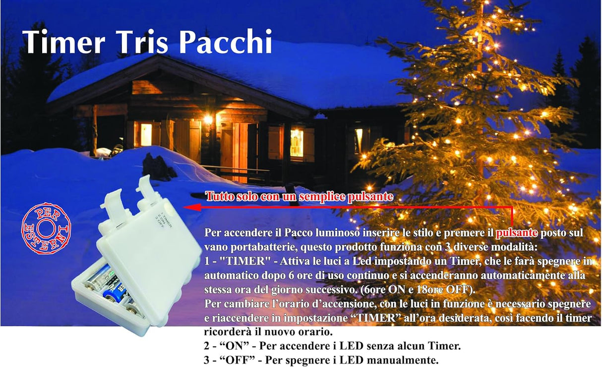 Set 3 pacchi regalo con luci a Led bianco caldo, con box batterie e Timer, ogni pacco dispone del suo box batterie - Idea regalo