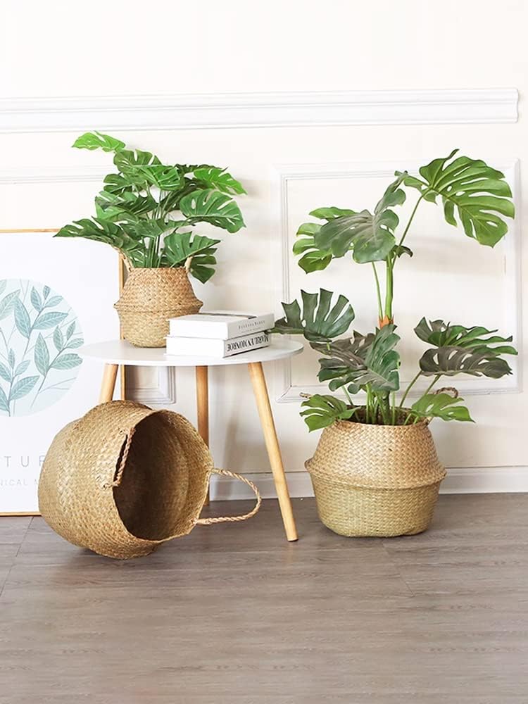 Set 3 Ceste decorativi in paglia intrecciata naturale con manici