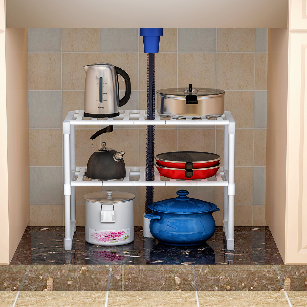 Scaffale estensibile, realizzato con tubo in metallo verniciato 2 piani Misure 52/86x30,5x44 cm