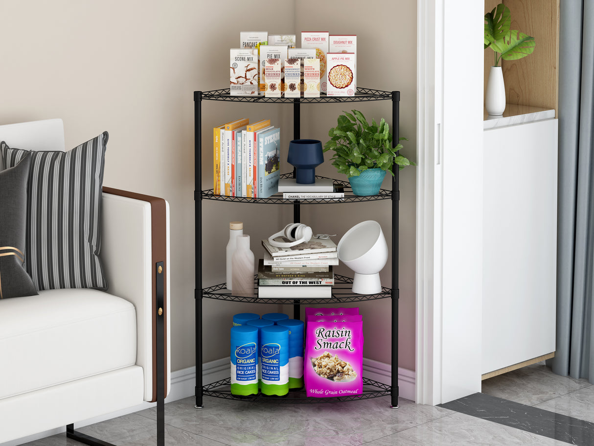 Scaffale Angolare 4 Ripiani in Metallo Nero Misure 44x44x117 cm