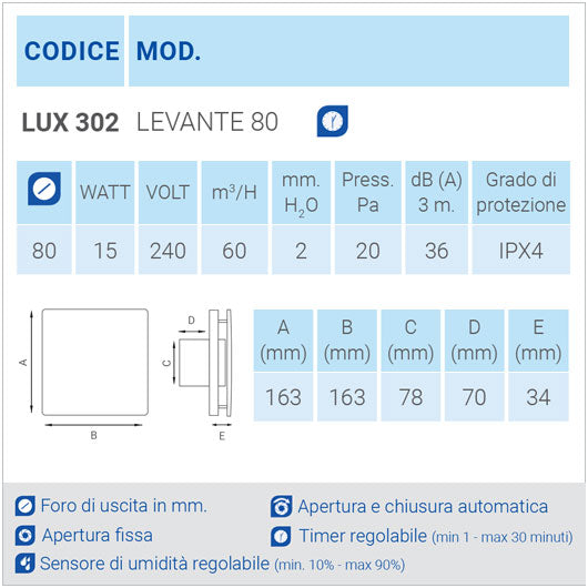 aspiratore da parete LUX302 Serie Levante scheda tecnica