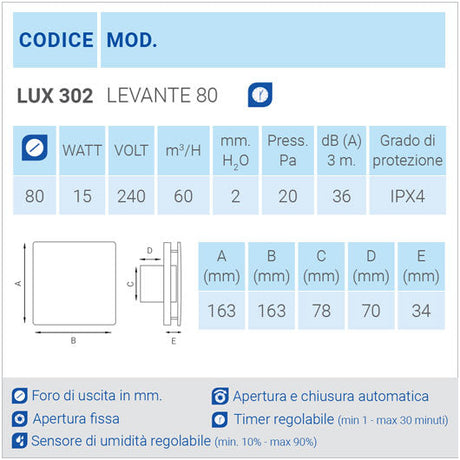 aspiratore da parete LUX302 Serie Levante scheda tecnica