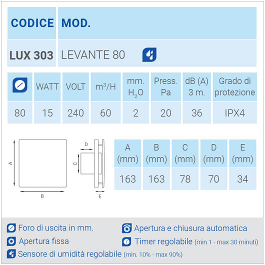 aspiratore da parete lux303 con sensore di umidità