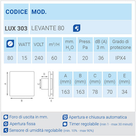 aspiratore da parete lux303 con sensore di umidità