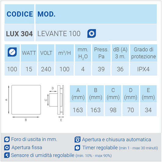 Aspiratore da parete LUX304 Ø100 con apertura fissa