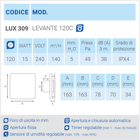 LUX309 Aspiratore da parete con apertura e chiusura automatica